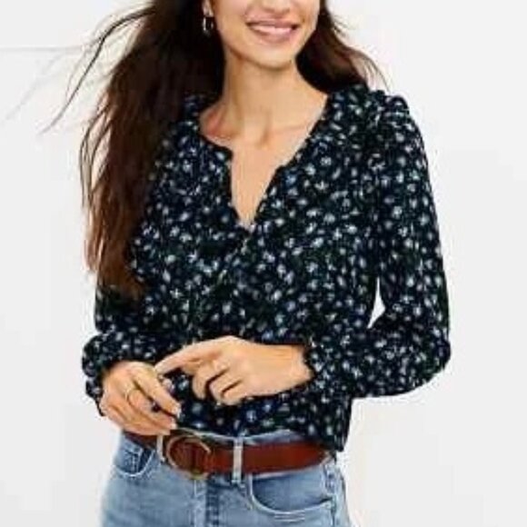 Loft Womens Long Sleeve Blouse Size M Ruffle Floral Boho Cottagecore Peasant - Picture 1 of 10